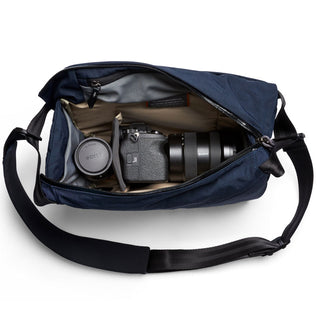 Bellroy Venture Sling 10L - Camera Edition navy crossbody bag with cushioned camera compartments open top view