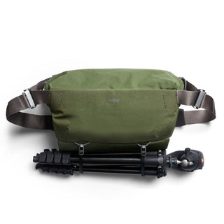 Bellroy Venture Sling 10L - Camera Edition in olive green with attached tripod and durable strap