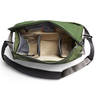 Bellroy Venture Sling 10L - Camera Edition with green recycled fabric and padded camera compartments visible inside