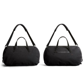 Bellroy Venture Duffel 55L in black recycled nylon shown front and back with shoulder strap and handles