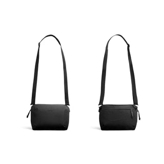 Bellroy Venture Travel Crossbody bag in black recycled fabric shown from front and back angles