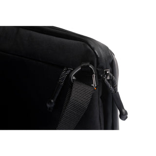 Bellroy Venture Travel Crossbody black bag close-up showing durable fabric and zipper details