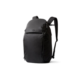 Bellroy Venture Travel Pack 26L in black recycled nylon with slim profile and padded shoulder straps