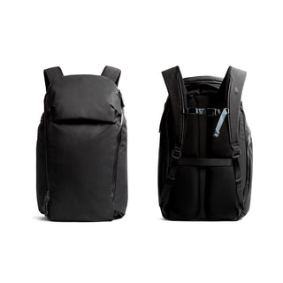 Bellroy Venture Travel Pack 26L showing front and back views with padded straps and sleek black recycled fabric