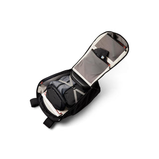 Bellroy Venture Travel Pack 26L opened to show organized internal compartments and zippered pockets