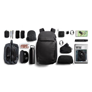 Bellroy Venture Travel Pack 26L in black showing organized travel essentials and sleek nylon fabric design