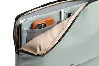 Bellroy Laptop Caddy 16" with unzipped front compartment showing tech organizer pockets and soft lining