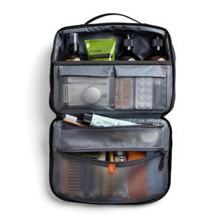 Bellroy Hanging Toiletry Kit Plus open with organized compartments and travel essentials inside