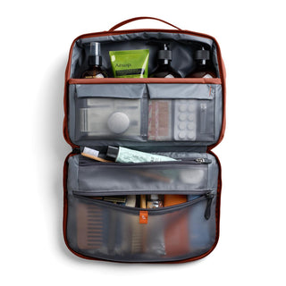 Bellroy Hanging Toiletry Kit Plus open with organized compartments and travel essentials inside