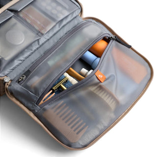 Bellroy Hanging Toiletry Kit Plus unzipped showing organized travel essentials and mesh compartments