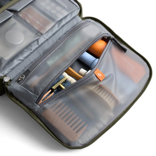 Bellroy Hanging Toiletry Kit Plus open showing organized compartments with grooming essentials inside
