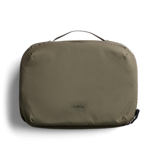 Bellroy Hanging Toiletry Kit Plus in olive green with smooth recycled fabric and top handle design