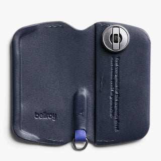 Bellroy Key Cover Third Edition in navy leather with secure metal screw and compact design open flat