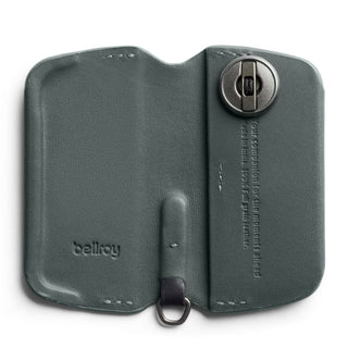 Bellroy Key Cover Third Edition in gray leather with metal lock and embossed logo details
