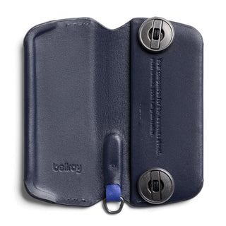 Bellroy Key Cover Plus Third Edition in navy leather with metal screws and embossed logo inside