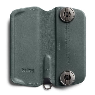 Bellroy Key Cover Plus Third Edition in green leather with metal locking mechanism and embossed logo