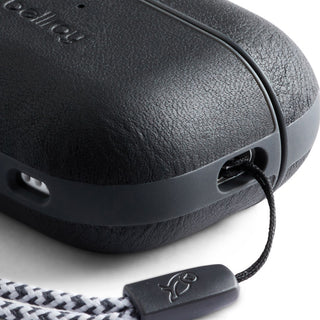 Bellroy Pod Jacket Pro 2nd Generation black leather AirPods case with braided lanyard detail close-up
