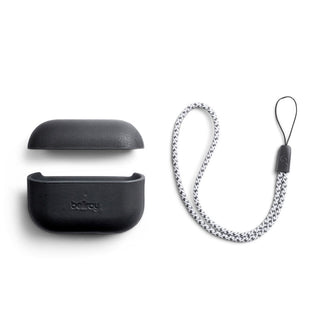Bellroy Pod Jacket Pro 2nd Generation black leather AirPods case with detachable woven strap on white background