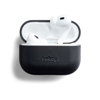 Bellroy Pod Jacket Pro 2nd Generation in black eco-certified leather with AirPods Pro inside case open