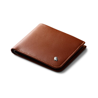 Bellroy Hide & Seek HI brown leather wallet with compact fold and metal logo detail on white background