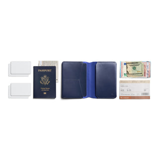 Bellroy Passport Cover in navy leather open with compartments for passport and travel essentials