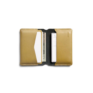 Bellroy Under Cover leather card holder in tan, open view showing cash and card compartments