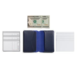 Bellroy Under Cover navy leather card holder laid flat with blue interior and cash above