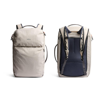 Bellroy Lite Travel Pack 38L in light beige with padded mesh back and ergonomic straps shown front and back views