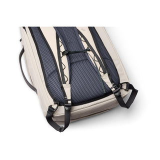 Bellroy Lite Travel Pack 38L showing padded mesh back panel and adjustable shoulder straps in beige color