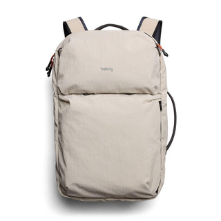 Bellroy Lite Travel Pack 38L in light beige with recycled nylon fabric and minimalist design