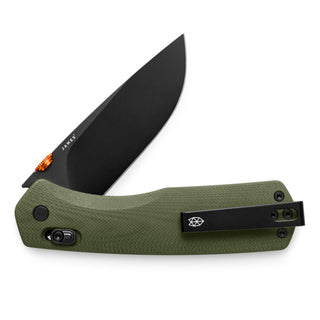 James The Carter XL Knife with black VG-10 blade and textured olive green Micarta handle shown partially open