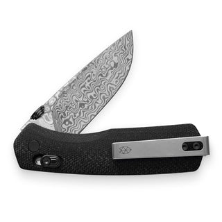 James The Carter Knife with black Micarta handle and patterned VG-10 steel blade by The James Brand