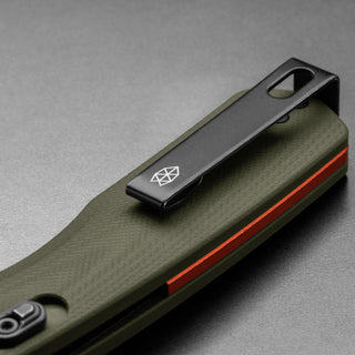 James The Carter Knife with olive Micarta handle and black metal pocket clip detailed with logo