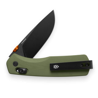 James The Carter Knife with green textured Micarta handle and black blade partially open