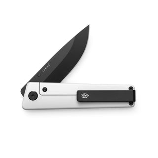 James The Chapter 2 Knife with black blade partially open and white titanium handle by The James Brand