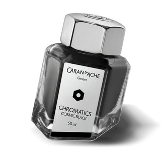 Caran d'Ache Fountain Pen Ink Bottle 50 ml in sleek hexagonal glass with metallic cap Cosmic Black ink