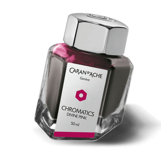 Caran d'Ache Fountain Pen Ink Bottle 50 ml in Divine Pink with hexagonal raw glass and metal cap