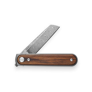 James The Duval Knife by The James Brand with patterned blade and rosewood handle open at angle