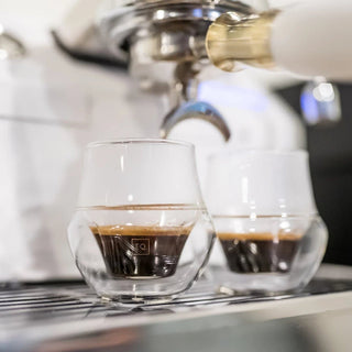 KRUVE PROPEL Espresso Glasses (75ml/2.5oz) (2-Pack) with double-walled borosilicate design filled with espresso
