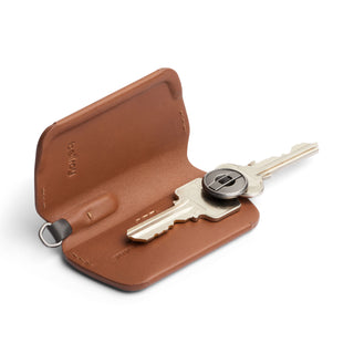 Bellroy Key Cover Third Edition open brown leather key organizer holding two metal keys