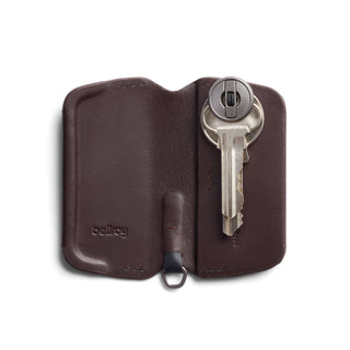 Bellroy Key Cover Third Edition in dark brown leather holding two keys with a compact design