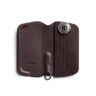 Bellroy Key Cover Third Edition open brown leather key organizer with metal screw and embossed logo