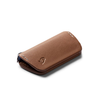 Bellroy Key Cover Third Edition in smooth brown leather with subtle embossed logo and white stitching