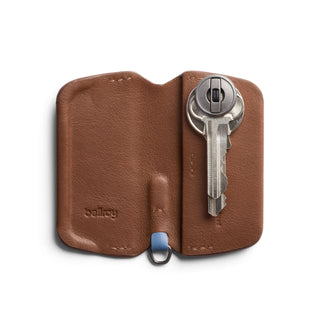 Bellroy Key Cover Third Edition in brown leather with secure key holder and blue accent loop visible