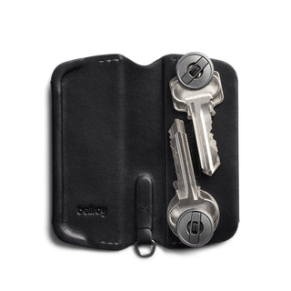 Bellroy Key Cover Plus Third Edition open black leather key organizer with two keys attached