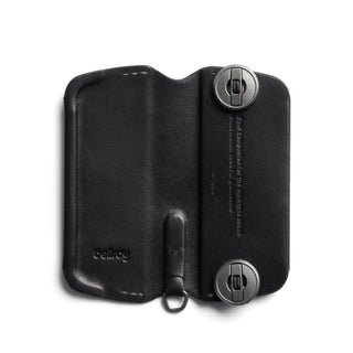 Bellroy Key Cover Plus Third Edition in black leather with metal fasteners and embossed logo detail