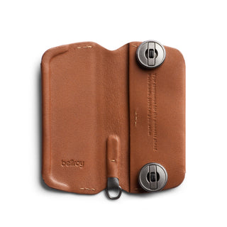 Bellroy Key Cover Plus Third Edition in tan leather with metal screws and stitched detailing opened flat