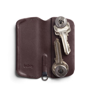 Bellroy Key Cover Plus Third Edition in brown leather holding two keys with secure snap closures