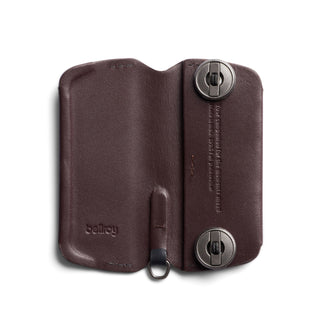 Bellroy Key Cover Plus Third Edition in dark brown leather with metal key fasteners and embossed logo