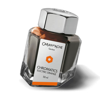 Caran d'Ache Fountain Pen Ink Bottle 50 ml in Electric Orange with hexagonal glass design